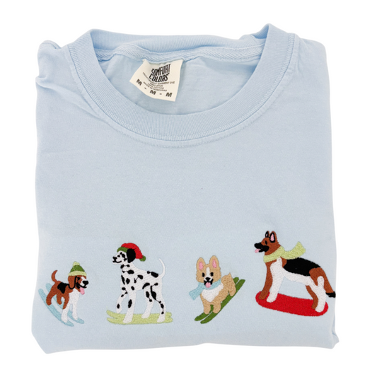 Skiing Dogs | Light Blue | Short Sleeve T-Shirt